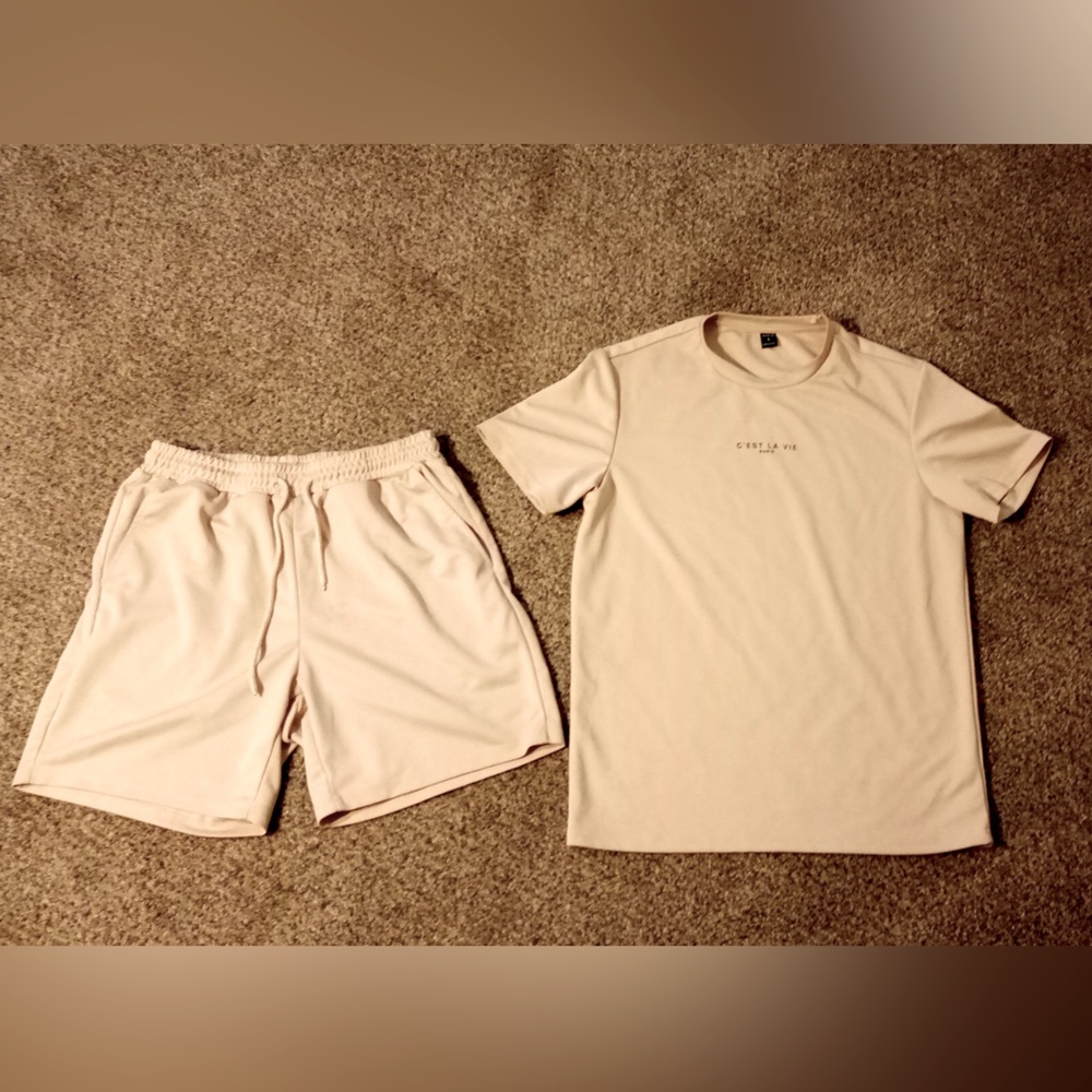 Men’s 2PC Beige Shirt Shorts Set by SHEIN Size Small